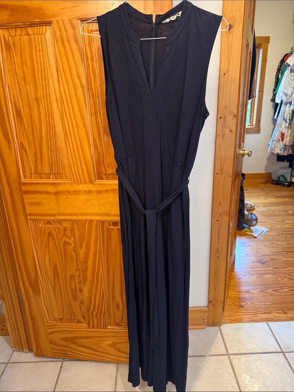 Boden Black Sleeveless V-Neck Jumpsuit with Waist Tie